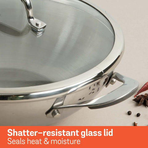 Meyer Select Nickel Free Stainless Steel Kadai | Kadhai with Glass Lid | Steel Kadai with Triply Base for Deep Frying| Gas and Induction Compatible, 30cm/ 4 Liters, Silver