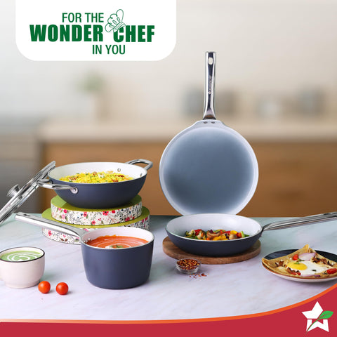 Wonderchef Eco-Glide Kadhai with Glass Lid | | Chemical-Free Ceramic Coating | 24cm, 2.5L | Healthy, Low Oil Meals | Scratch-Resistant | Stainless-Steel Handle | Gas & Induction Compatible | Grey