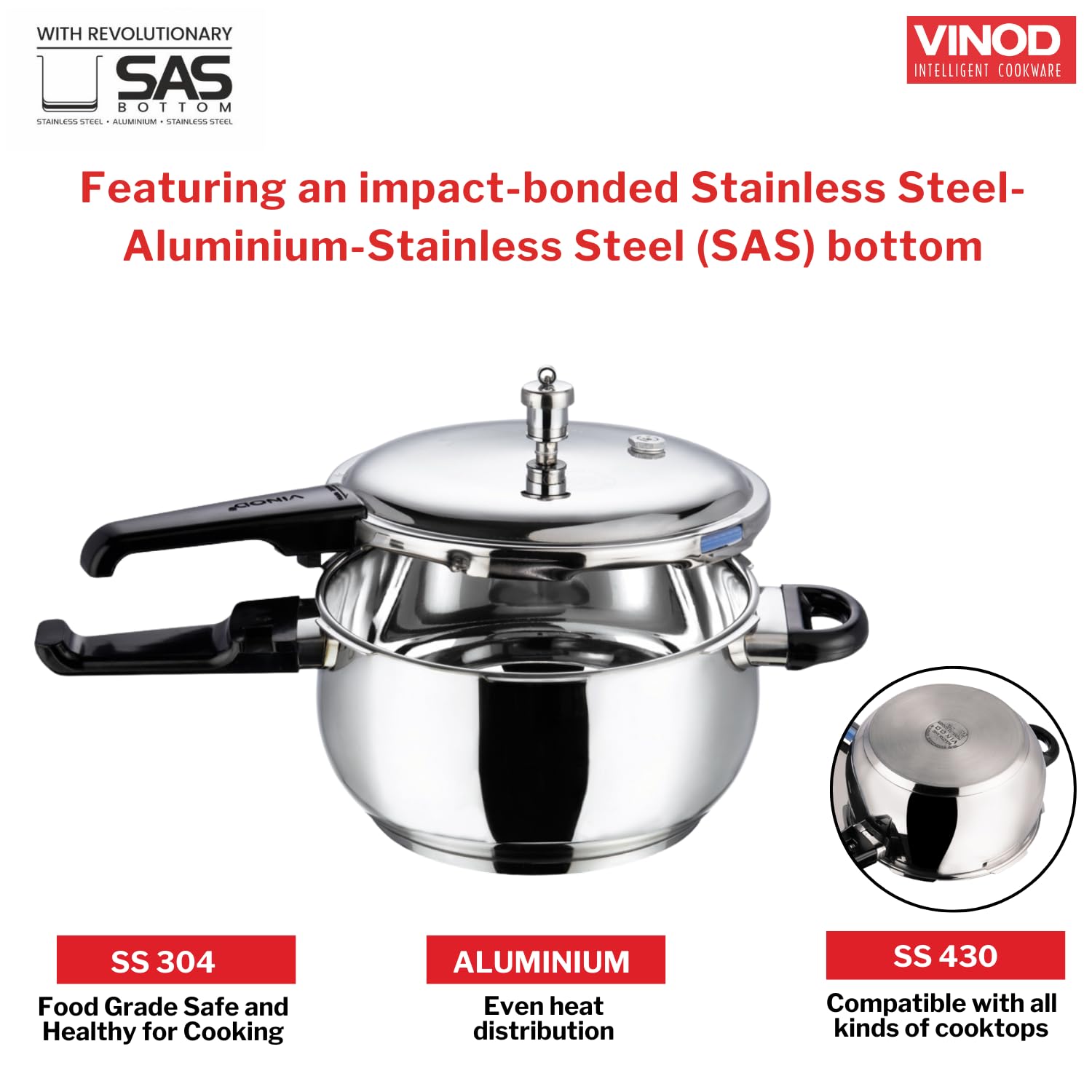 Vinod Splendid Plus 3.5L Stainless Steel Handi Cooker | Glass Lid