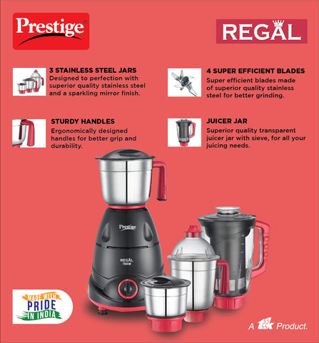 Prestige 750 Watts Regal Mixer Grinder with 4 Jars (3 Stainless Steel Jars + 1 Juicer Jar)| Black
