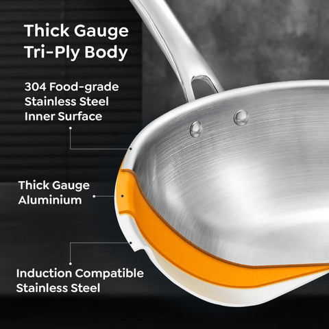 Prestige 20cm/1.0L Tri-Ply Stainless Steel Splendid Fry Pan with Lid|Gas and Induction Compatible|Even Heat Distribution| Thick Gauge Tri-Ply Body|15 Year Warranty