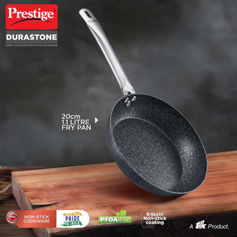 Prestige Durastone 20Cm(1.1L) Hard Anodised Non-Stick Fry Pan with 6 Layers Extra Durable Stone Finish Coating|Gas & Induction Compatible|Stay Cool Handles|Black
