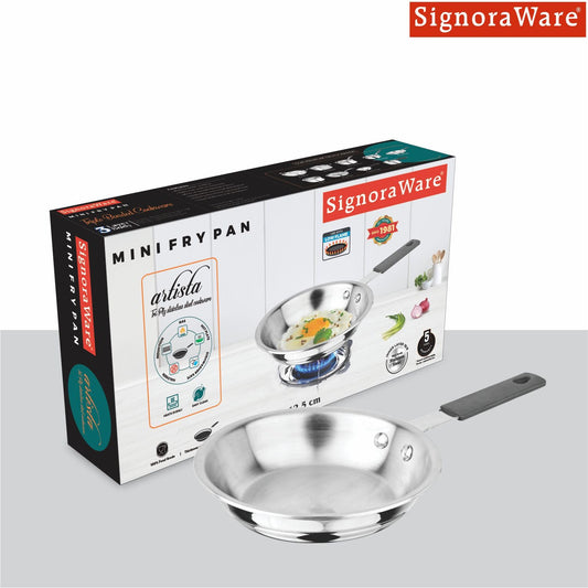SignoraWare Artista Tri-Ply Stainless Steel Mini Frypan 14cm | Less oil needed | Save Energy & Time | Easy to Clean | Ideal for Quick Stir-Fries | Best for Toast Bread, Buns Or Mini Dosa (520ml)