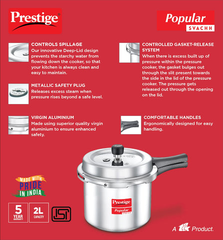 Prestige Popular Svachh Aluminium Outer Lid Pressure Cooker (Tall), 2.0 Litre - Silver, Medium (10163)