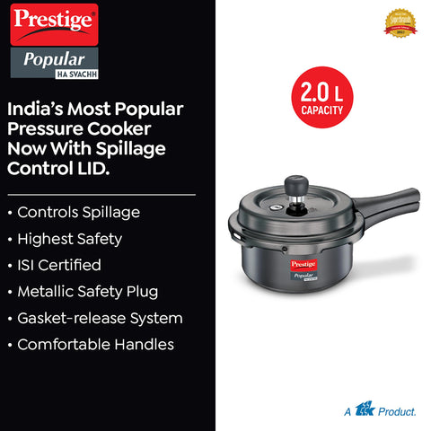 Prestige 2 Litre Hard Anodised Popular Svachh Outerlid Pressure Cooker|Deep Lid for spillage Control|Gas compatible|Gasket Release System|Metallic Safety Plug|5 years warranty|ISI Certified
