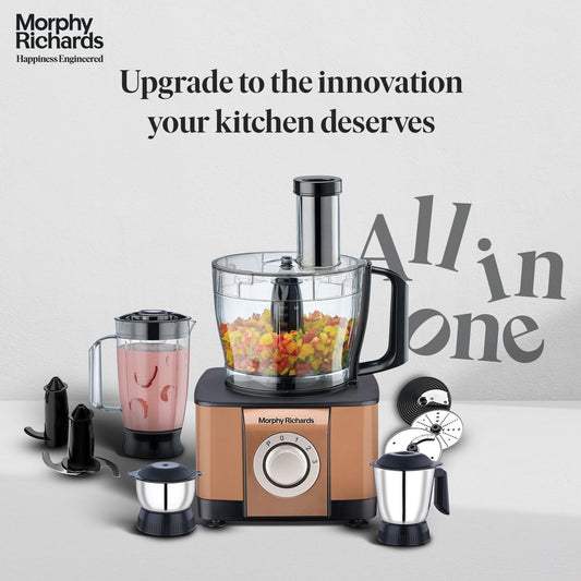 Morphy Richards Icon Superb Food Processor 1000W | 3.2L Bowl | 2 SS Jars + 1 Juicer | 11 Attachments: Kneader, Chopper, Slicer, Shredder, Fry Cutter | Quadra Flow | 2 Year Warranty | 【Glazing Copper】