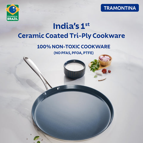 TRAMONTINA Fusao Healthy Triply Ceramic 28Cm Dosa Tawa 4mm Thick | Non Toxic (PFAS/PTFE/PFOA Free) | Uttapam Tawa | Roti Tawa | Parantha | Induction Friendly | Stay Cool Handle I 10 Year Warranty.