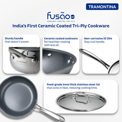 TRAMONTINA Fusao Healthy Triply Ceramic 20Cm Frypan Ex+ with Ss 304 Lid | Non Toxic (PFAS/PTFE/PFOA Free) Omlete Pan | Saute | Induction Friendly | Stay Cool Handle I 10 Year Warranty