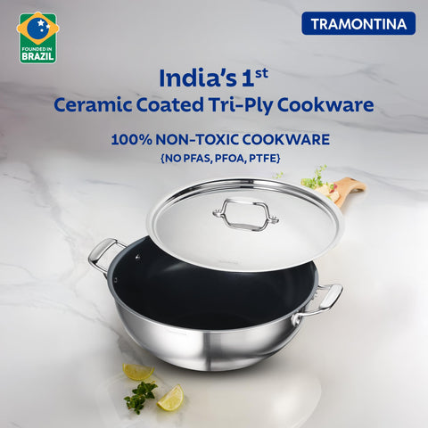 Tramontina FUSAO EX+ 26cm/4.7L Ceramic Coated Triply Stainless Steel Deep Kadai with Lid | Kadhai for Curry, Deep-Fry, Stir-Fry | Gas/Induction Compatible Cookware | NSF Certified | 10 Yr Warranty*