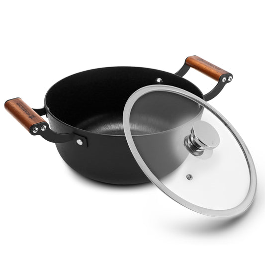 Wonderchef Ferro Light-Weight Cast-Iron Casserole & Glass Lid, 24cm, 40% Lighter, Pre-Seasoned with 100% Vegetable Oil, Chemical-Free, Induction-Friendly, Long Cool-Touch Wood Handles, 10-Yr Warranty