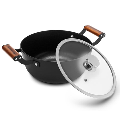 Wonderchef Ferro Light-Weight Cast-Iron Casserole & Glass Lid, 24cm, 40% Lighter, Pre-Seasoned with 100% Vegetable Oil, Chemical-Free, Induction-Friendly, Long Cool-Touch Wood Handles, 10-Yr Warranty