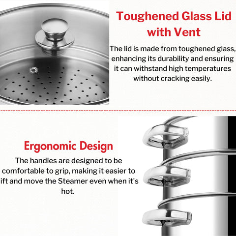 Vinod Stainless Steel 3-Tier Steamer with Glass Lid, 20 cm | 2.5 mm Thick Base | Multi-Purpose Steamer for Momos, Modaks, Vegetables & More | Riveted Handles | Induction & Gas Base | 2 Yr Warranty
