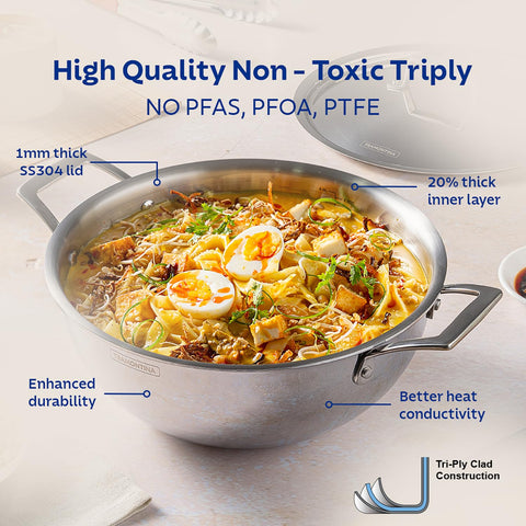 Tramontina AEION 32cm/8L Triply Stainless Steel Deep Kadai with Lid | Stir-Fry/Deep-Fry Cookware with Measurement Scale | Kadhai for Curry | Gas/Induction Compatible | 10 Yr Warranty*