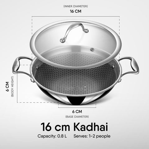 Stahl Artisan Hybrid Triply Non Stick Small Kadai with Lid, Stainless Steel Kadai for Cooking, Triply Kadhai Metal Spatula Friendly, Induction & Gas Stove Compatible, 0.8 L, 16 cm