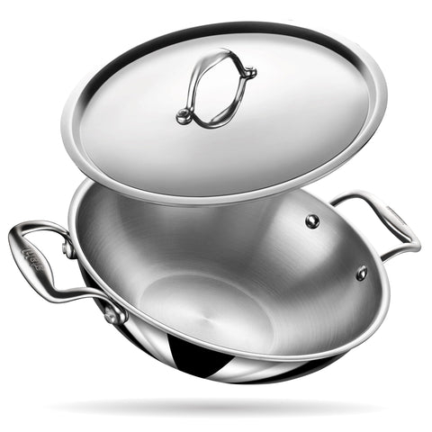 Stahl Artisan Triply Stainless Steel Kadhai with Lid,Kadai for Cooking, Stainless Steel Cookware Triply Kadai, Induction & Gas Stove Compatible, 8 L, 34 cm