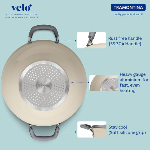 Tramontina Velo 28cm / 5.6L Forged with Ceramic Reinforced Interior Kadai | Tempered GlassLid | Kadhai for Curry, Deep-Fry, Stir-Fry | Silicone Grip Handles | Gas/Induction | Sand Beige