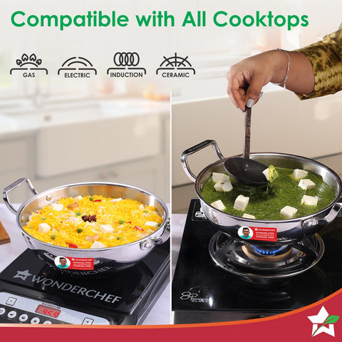 Wonderchef Stella Triply Stainless Steel Kadhai with Lid | 28 cm, 4.5 litres | Compatible with Gas Stove, Induction, Ceramic Cooktop | Non-Toxic | Heavy-Duty Handle | 10-Year Warranty