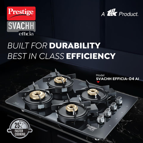 Prestige Svachh Efficia HOB 04 AI (with Toughened Glass Top Multi Spark Ignition System & 4 Brass Burners)