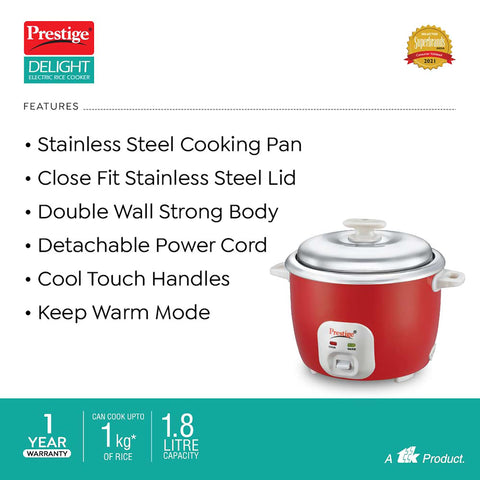 Prestige Delight Cute 1.8 Bowl Electric Rice Cooker(1.8L for Rice-Open Type, Silky Red, with Stainless Steel Cooking Pan 4.4L Volume,700 W)
