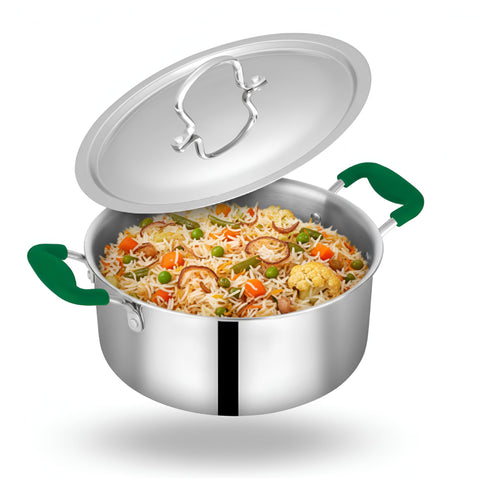 Zira Triply Stainless Steel Casserole | Biryani Pot with Lid 26cm 6.2L | Fire Proof, Stay Cool Silicone Handle | Biryani Pot Heavy Bottom | Induction & Gas Friendly Triply Cookware| 10 Year Warranty