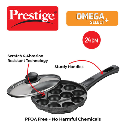 Prestige Omega Select Plus Non-Stick Paniyarakkal with lid (Appe Maker)|16 pits| 24cm|Residue Free Coating |Metal Spoon Friendly