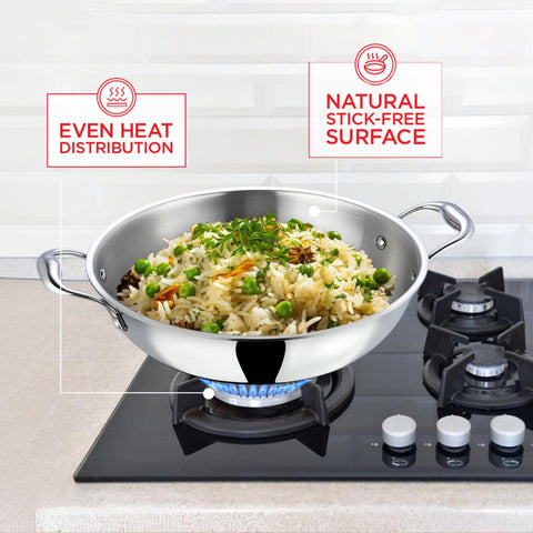 Vinod Platinum Triply Stainless Steel Kadai with Lid - 28 cm | Even Heating No Hotspot, Less Oil Healthy Cooking, Heavy Bottom Induction Cookware Kadhai for Cooking & Frying