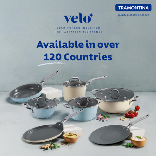 Tramontina Velo 32cm / 8.0L Forged with Ceramic Reinforced Interior Kadai | Tempered GlassLid | Kadhai for Curry Deep-Fry Stir-Fry | Silicone Grip Handles | Gas/Induction | Cook & Serve | Sand Beige
