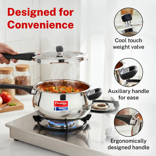 Prestige 5 Litre TRIPLY Svachh Outer Lid Pressure Cooker | Handi | Deep Lid for Spillage Control | Gas & Induction Compatible | Gasket Release System | Visual Pressure Indicator | 5Y Warranty | ISI