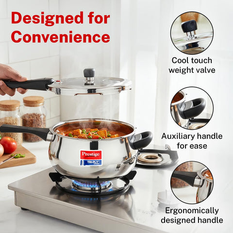 Prestige 5 Litre TRIPLY Svachh Outer Lid Pressure Cooker | Handi | Deep Lid for Spillage Control | Gas & Induction Compatible | Gasket Release System | Visual Pressure Indicator | 5Y Warranty | ISI
