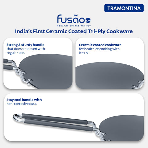 TRAMONTINA FUSAO EX+ 26cm Triply Stainless Steel Ceramic Coated Concave Tawa | Roti Tawa | Tawa for Chapati, Phulka, Paratha | Gas/Induction Compatible Cookware | Stay Cool Handle | 10 Year Warranty*