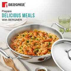 BERGNER Argent Triply 36cm Kadai with Stainless Steel Lid, Large Kadhai, Even and Faster Heating, Consumes Less Oil, Healthy Cooking, Stay Cool Cast Handles - Induction and Gas Stove Ready