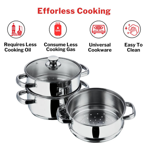 Vinod Stainless Steel 3-Tier Steamer with Glass Lid, 18 cm | Multi-Purpose Steamer for Momos, Modaks, Vegetables & More | Riveted Handles | Induction & Gas Base | 2 Yr Warranty