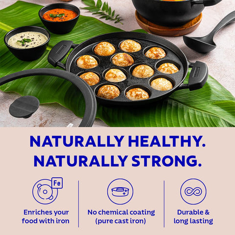 TRAMONTINA Titanex 26 cm Pre-Seasoned Cast Iron Paniyaram/Appe Pan – 12 Pits | Non-Toxic | Induction Ready | Toughned Glass Lid | Snap-on Cool Touch Grips | Superior Heat Retention.