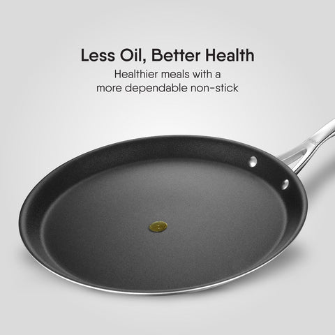 Stahl Artisan Schild | 28 cm Dosa Tawa Triply Stainless Steel + PEEK-Reinforced Non-Stick Dosa Tawa | Induction & Gas Compatible | Manufacturer Warranty