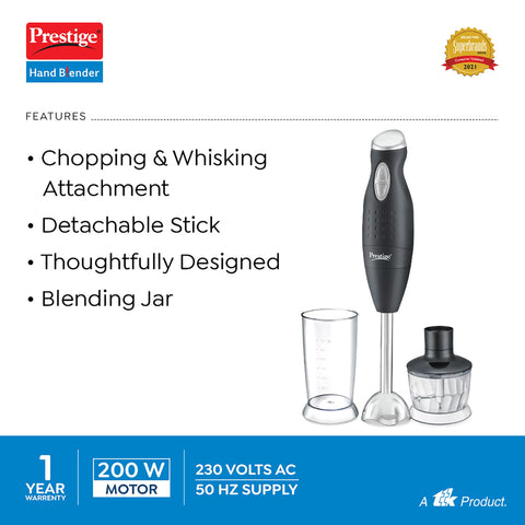 Prestige PHB 6.0 200 Watt 2 Speed Hand Blender with Blending Jar, Chopping, Whisking Attachment