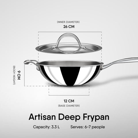 Stahl Artisan Triply Stainless Steel Wok with Lid, 3.3 L, 26 cm, Deep Frypan Induction Base, Stir Fry Wok, Induction & Gas Stove Compatible