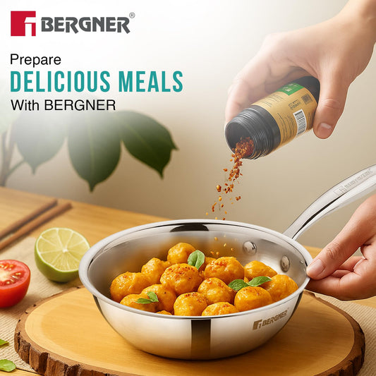 BERGNER Argent Junior Chef TriPly Stainless Steel 18cm (1.3 L) Wok, Mini Kadai, Mini Wok with Sturdy and Durable, Mirror Finish, Less Oil Use, Healthy, Non-Toxic - Induction and Gas Stove Ready