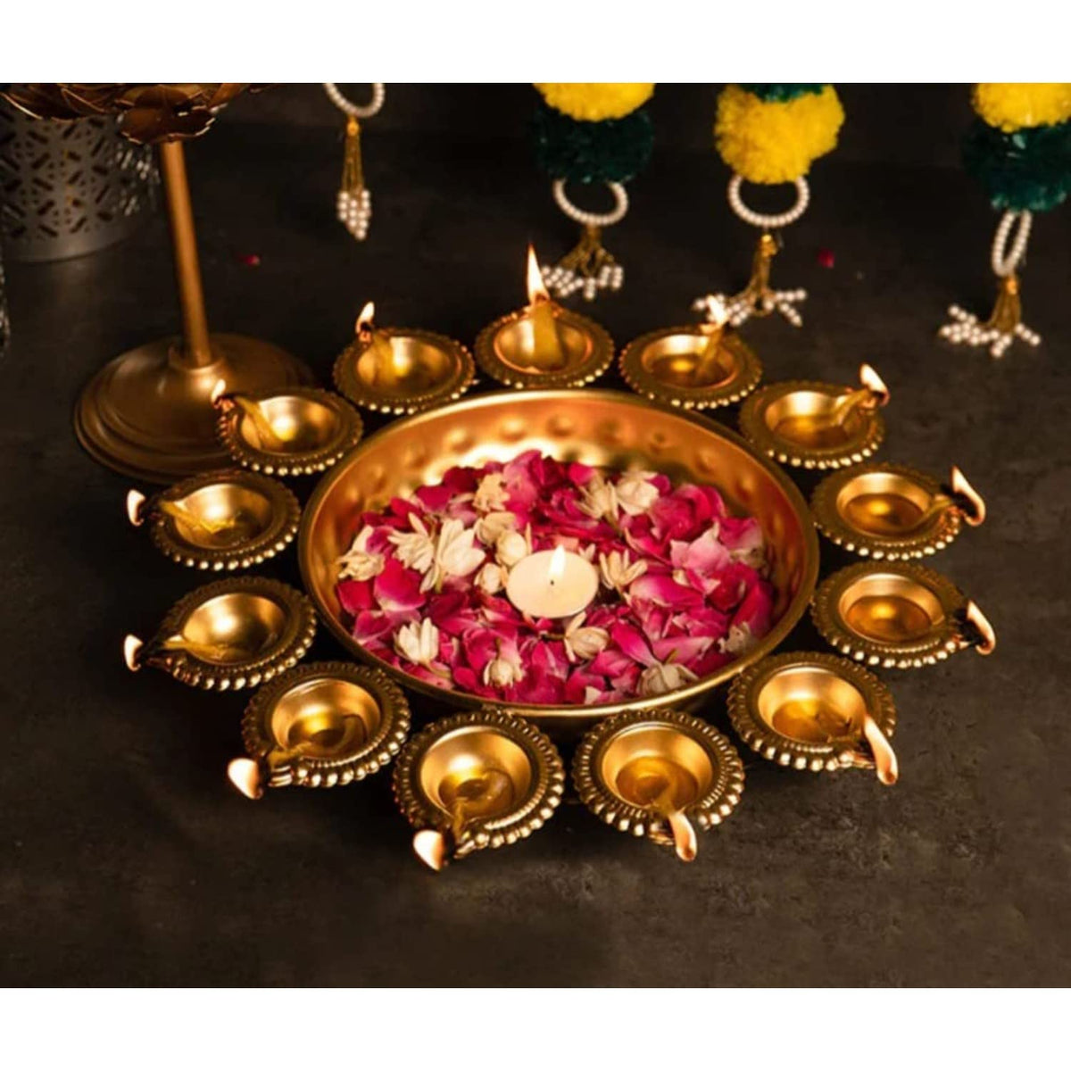 Diya Shape Flower Decorative Urli Bowl for Home Handicraft Bowl for Floating Flowers and Tea Light Candles | Diwali Decoration Items for Home