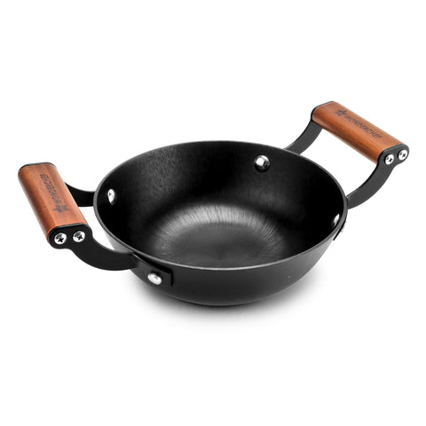 Wonderchef Ferro Light-Weight Cast-Iron Kadhai, 18cm, 40% Lighter, Pre-Seasoned with 100% Vegetable Oil, Non-Toxic, Chemical-Free, Induction-Friendly, Long Cool-Touch Wood Handles, 10-Yr Warranty