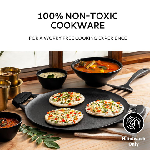 TRAMONTINA TITANEX 30cm Cast Iron Dosa Tawa | Pre-Seasoned Flat Tawa with Raised Edges | Dual Side Handles | Gas & Induction Compatible | for Dosa, Uttapam, Paratha.