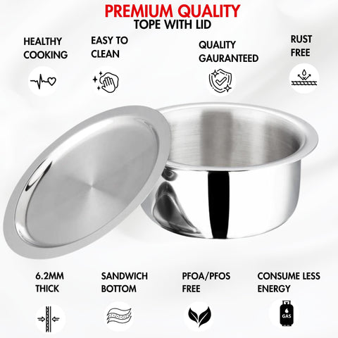 Vinod Platinum Triply Stainless Steel Tope with Lid, 14 cm | Boiling Tope for Kitchen | Multipurpose Steel | Induction & Gas Base | 5 Year Warranty