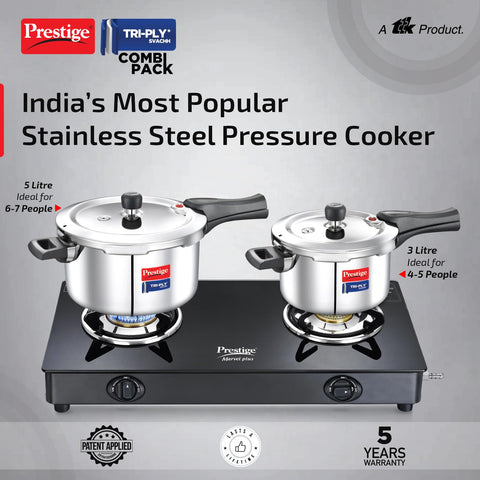 Prestige 5L+3L Triply Svachh Outer Lid Pressure Cooker Combi with 2 Lids|Gas & Induction Compatible|Deep lid for spillage control|Triply body for even heat distribution|5 Years Warranty|ISI Certified
