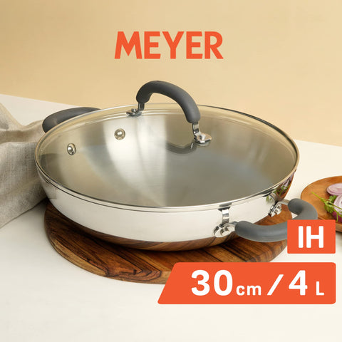 Meyer Trivantage Nickel Free Stainless Steel Triply Kadai | Steel Kadhai with Lid | Stainless Steel Kadhai | Kadhai for deep Fry, 30cm, Silver