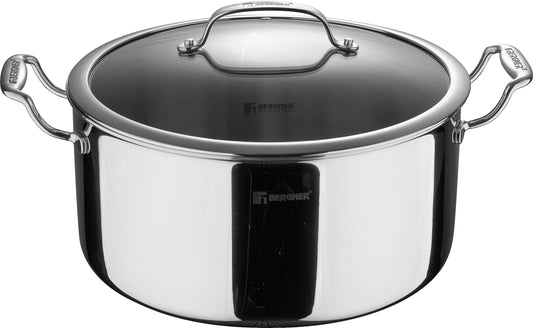 Bergner Hitech Triply+NonStick 24 cm Serving Pan/ Fryer/Cooking Pot, Glass Lid, For Buffets/Roast/Bake/Dessert, Steel Guard Coating Protect, Rivetless Heat Resistant Handles, Induction & Gas Ready, 5-Year Warranty