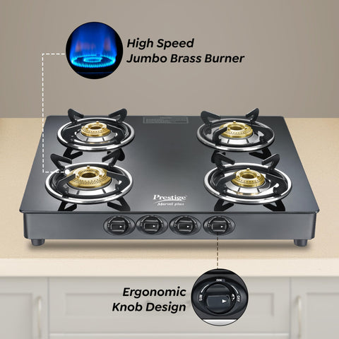 Prestige Marvel Plus 4 Burner GTM 04 SQ Glasstop Gas Stove|Superior Toughened Glass|Jumbo Brass Burner|360 Degree Revolving Nozzle|Spill Proof Design|5 Years Warranty on Glass|Black