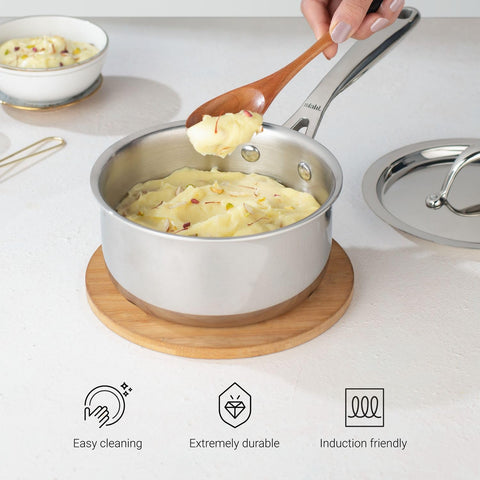 Stahl Artisan Triply 1L, 14cm Stainless Steel Tea Pan with Lid | Triply Sauce Pan | Induction & Gas Stove Compatible Milk Pan