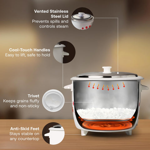 Prestige PRWO 1.8-2 Electric Rice Cooker| 2 Aluminium Cooking Pans | Stainless Steel Lid | Grey/White | Cool Touch Handles | Detachable Power Cord | 700- Watt|1.8 Litres