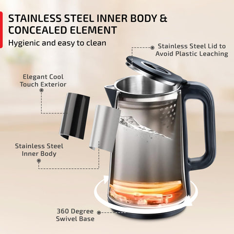 Prestige Stainless Steel Digi Kettle 2 L With 4 Preset Modes | Live Temperature Display | Elegant Cool Touch Design | Auto-Cut Off And Dry Heat Protection | 360 Degree Swivel Base, 1350 Watts, Black