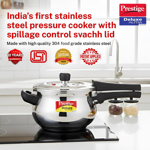 Prestige 3 Litre Stainless Steel Deluxe Alpha Svachh Outer Lid Pressure Cooker | Mini Handi | 10Y Warranty | Deep Lid for Spillage Control | TRIPLY Base | GRS |Gas & Induction Compatible | ISI