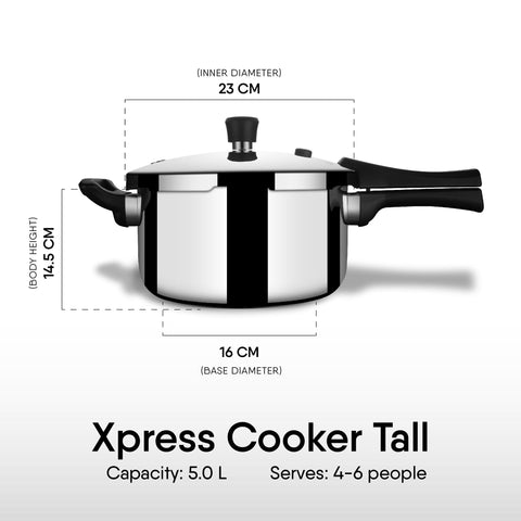 Stahl Xpress Cooker Triply Pressure Cooker Tall, 5 L, Induction Cooker, Outer Lid Pressure Cooker, Induction & Gas Stove Compatible, 5 Years Warranty, Stainless Steel, Silver